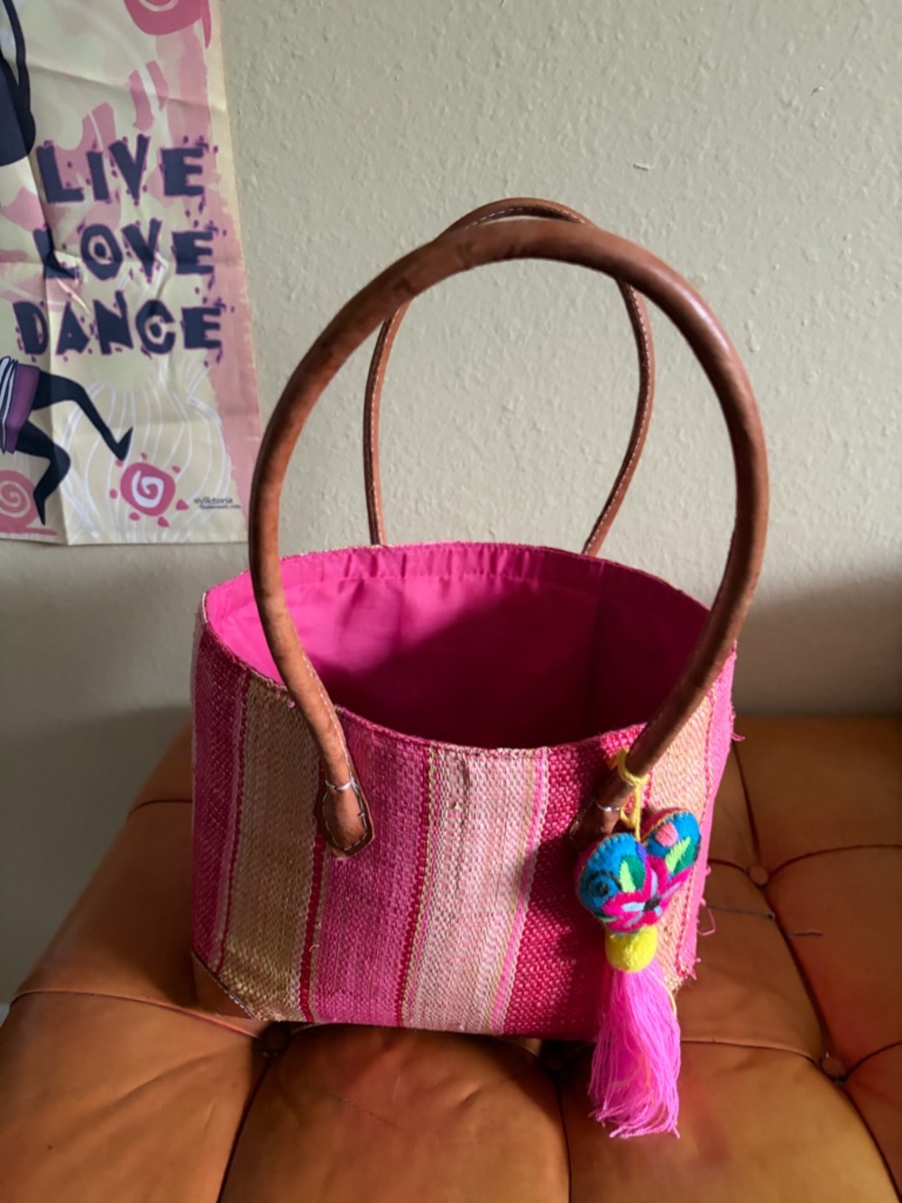 Pink Striped Tote Bag with Tassel - Unbranded